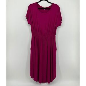 Iconic Luxe Magenta Pink Short Sleeve Elastic Waist Midi Dress L Minimal Barbie